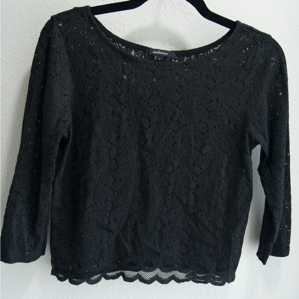 Ambiance Black Cropped Embellished Blouse - Lace Embroidered Y2K
